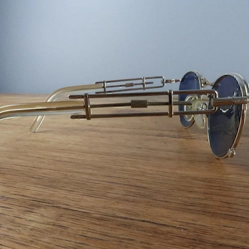 JEAN PAUL GAULTIER SILVER WITH BLUE LENS #56-0174 VINTAGE STEAMPUNK SUNGLASSES